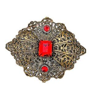 1920’s Antique Brass Filigree Bright Red Glass Stones Pin Antique